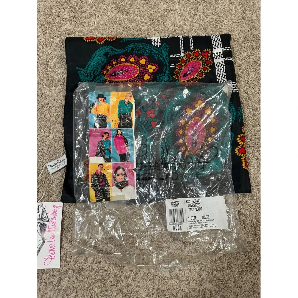 NWT Vintage Diane Von Furstenberg Silk Scarf Black Paisley‎ Floral Print Boho